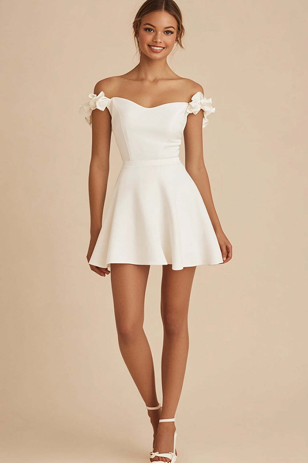 Leely Women White Satin Short Graduation Dress with Ruffles A Line Off the Shoulder Little White Dress