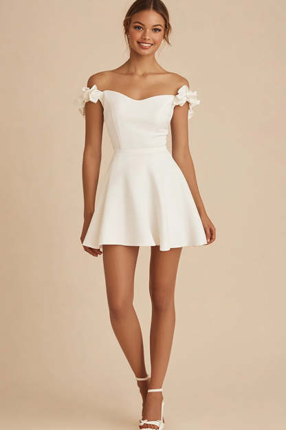 Leely Women White Satin Short Graduation Dress with Ruffles A Line Off the Shoulder Little White Dress