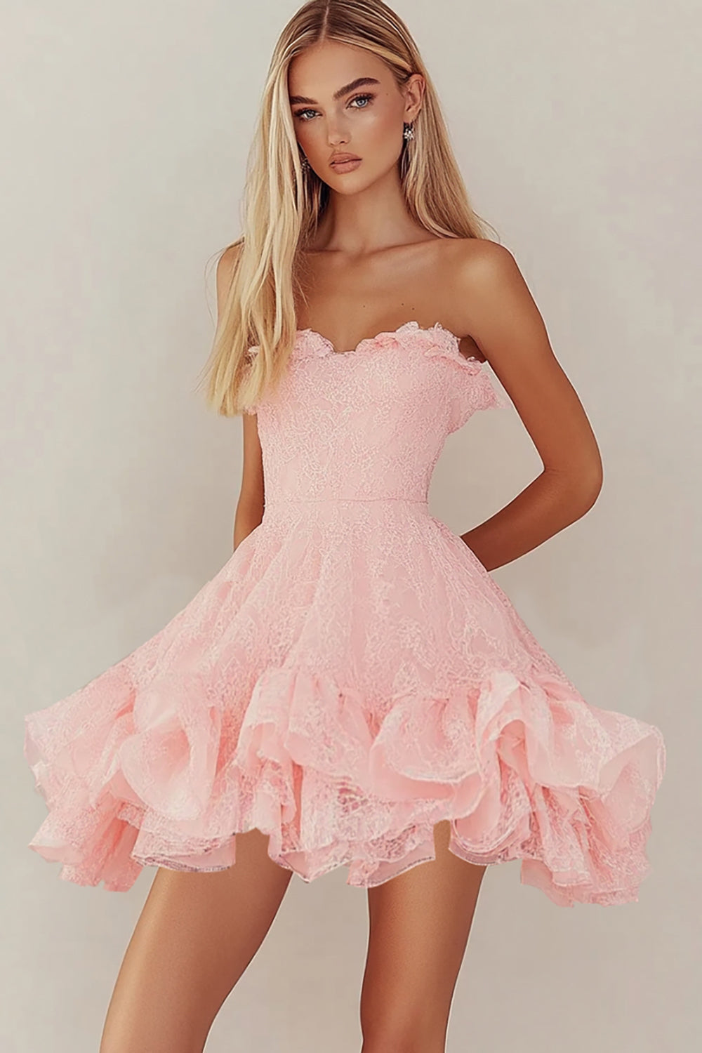 Leely Women Pink Ruffled Short Graduation Dress with Lace Strapless A Line Bachelorette Party Dress