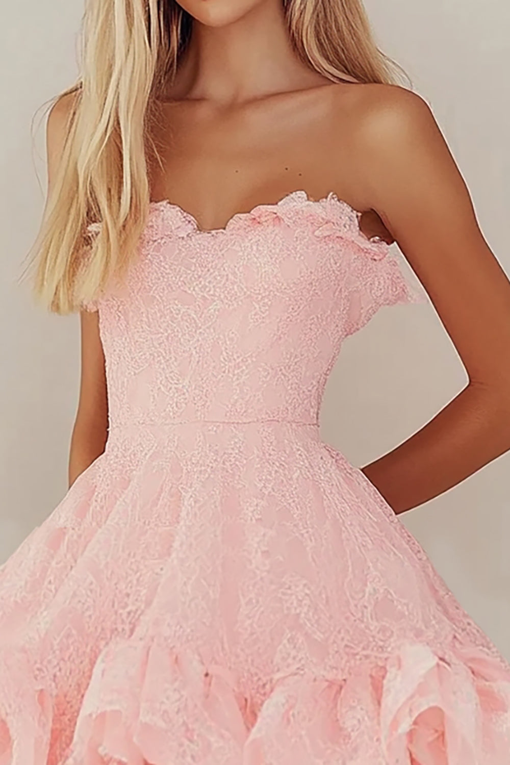 Pink Short Ruffled Graduation Dress with Lace