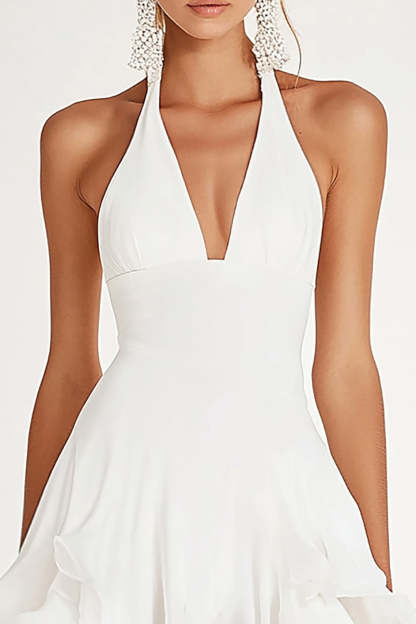 White Chiffon Halter A Line Short Graduation Dress with Ruffles