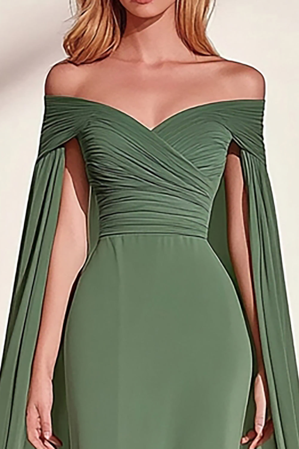 Eucalyptus Mermaid Off the Shoulder Ruched Maxi Prom Dress with Cape