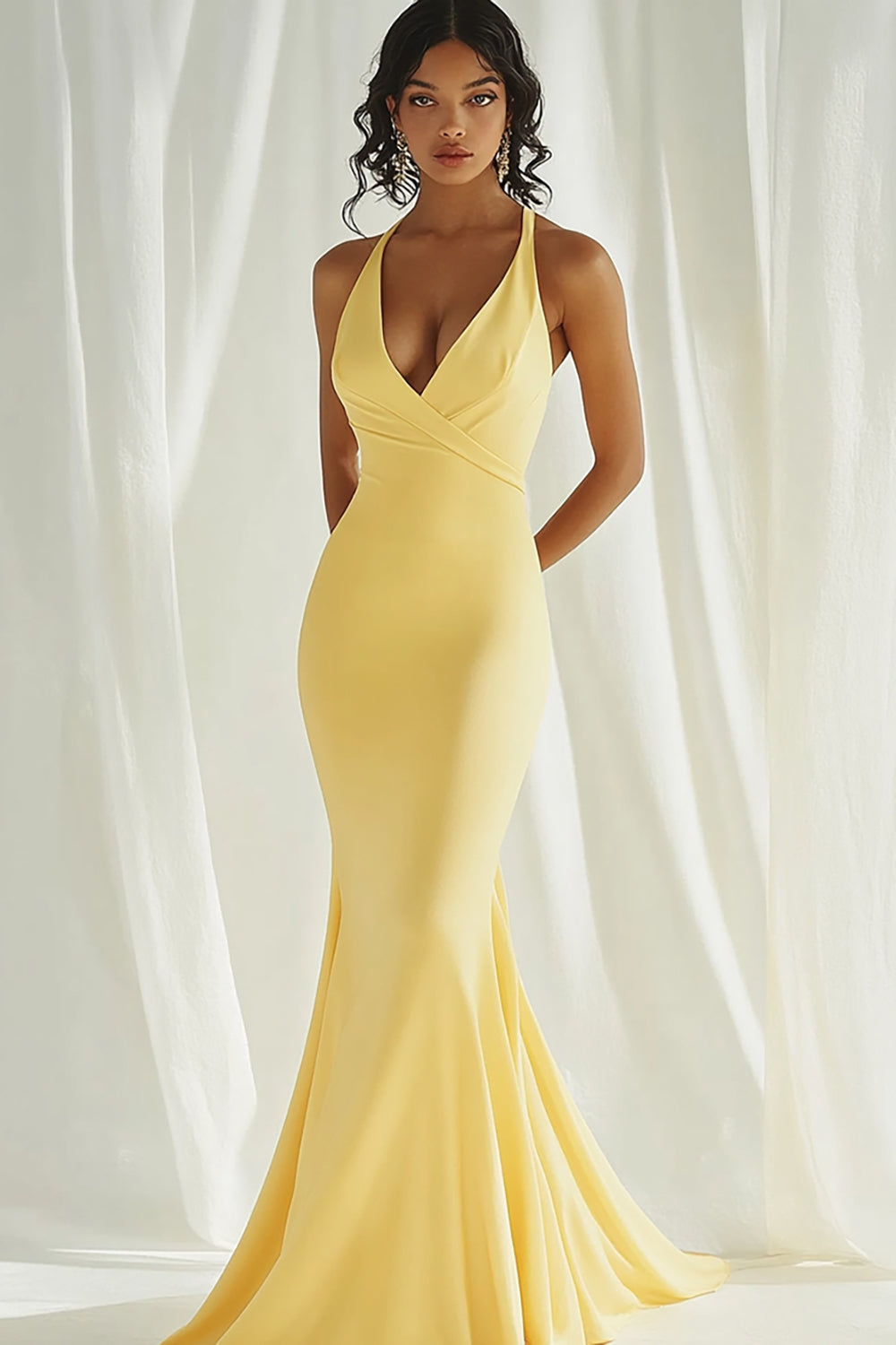 Daffodil Mermaid Deep V-Neck Maxi Prom Dress