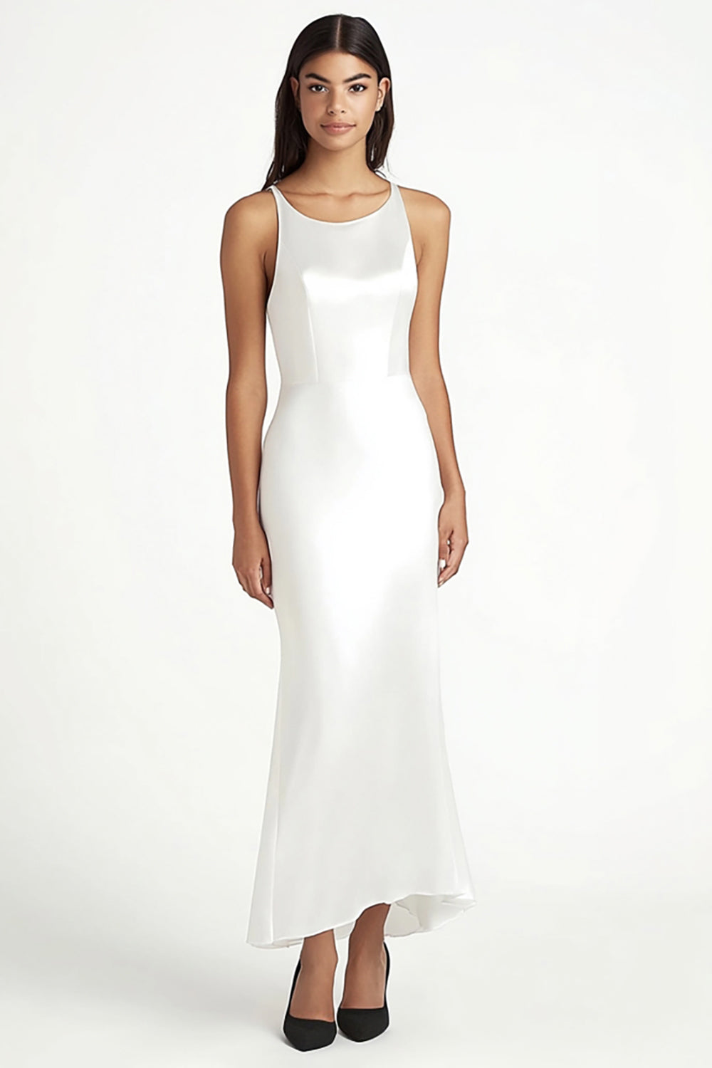 Leely Women White Satin Long Engagement Dress Scoop Neck Mermaid Rehearsal Dinner Dress