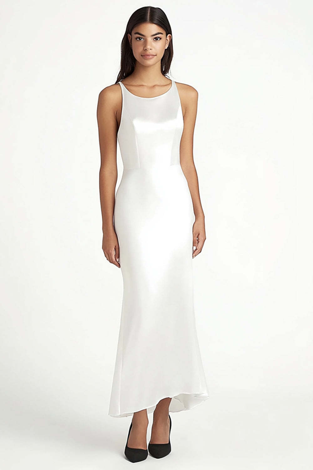 Leely Women White Satin Long Engagement Dress Scoop Neck Mermaid Rehearsal Dinner Dress