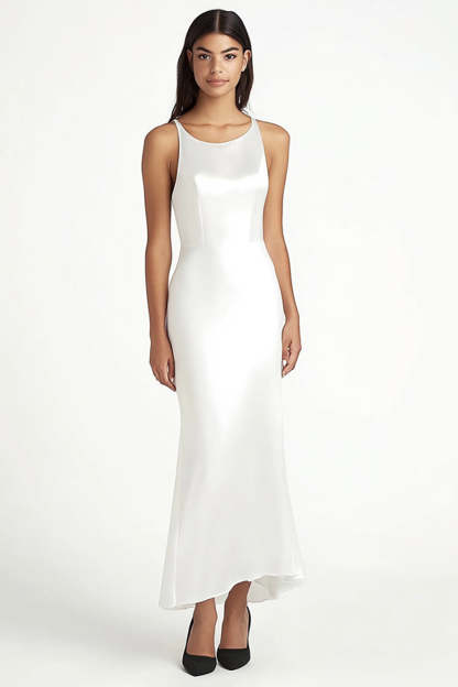 Leely Women White Satin Long Engagement Dress Scoop Neck Mermaid Rehearsal Dinner Dress