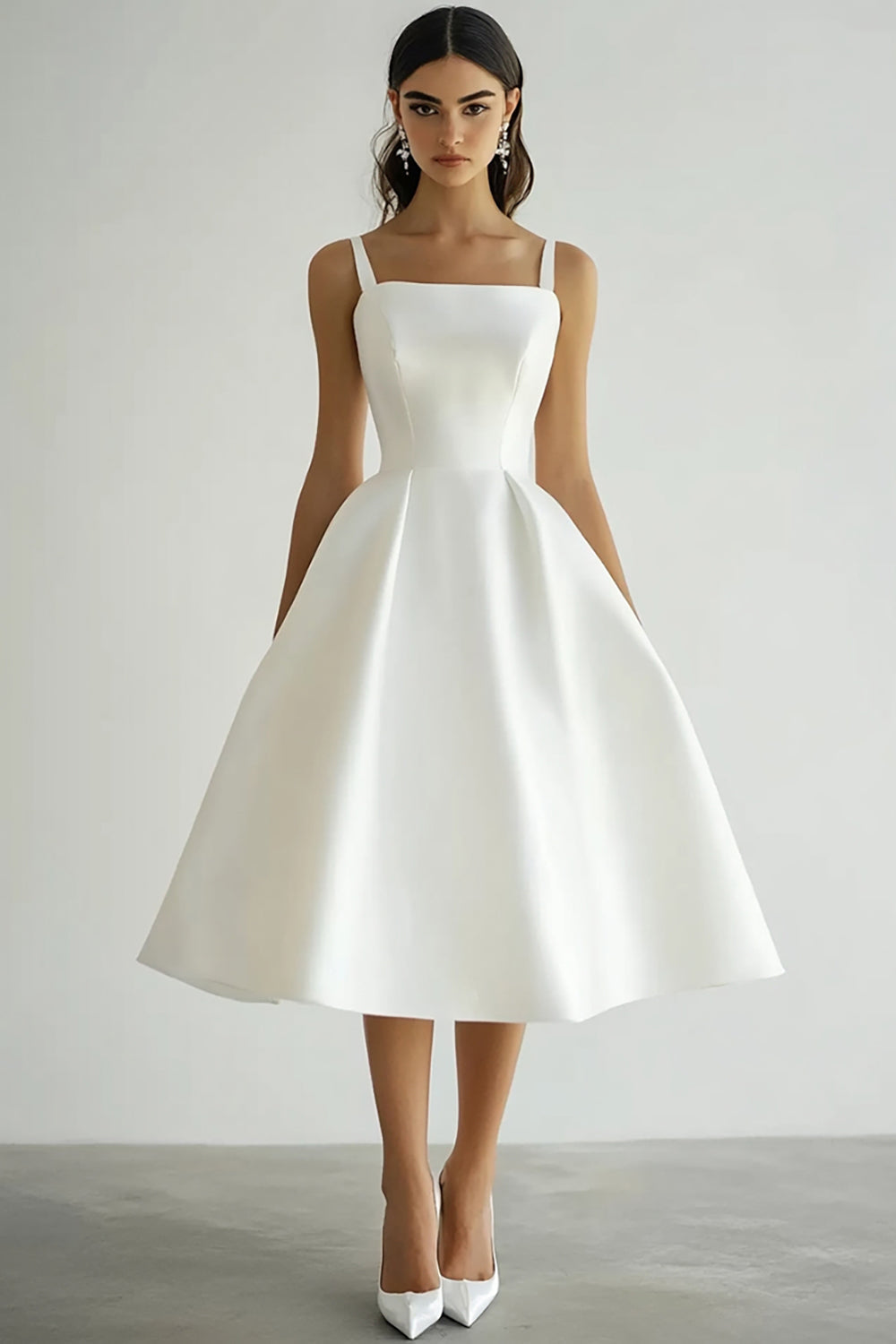 Leely Women White Satin Midi Engagement Dress Square Neck A Line Rehearsal Dinner Dress