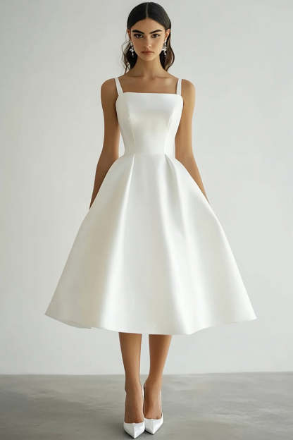Leely Women White Satin Midi Engagement Dress Square Neck A Line Rehearsal Dinner Dress