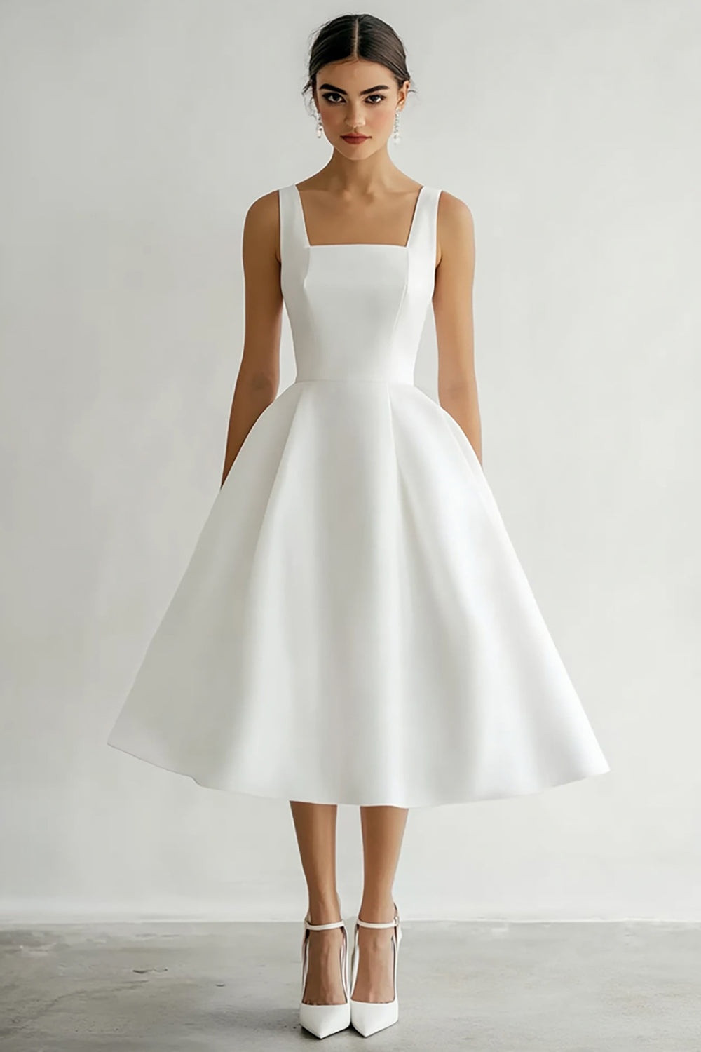 Leely Women White Satin Midi Engagement Dress A Line Square Neck Rehearsal Dinner Dress