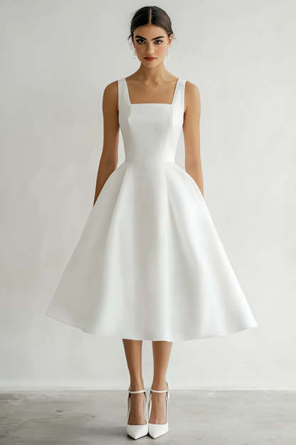 Leely Women White Satin Midi Engagement Dress A Line Square Neck Rehearsal Dinner Dress