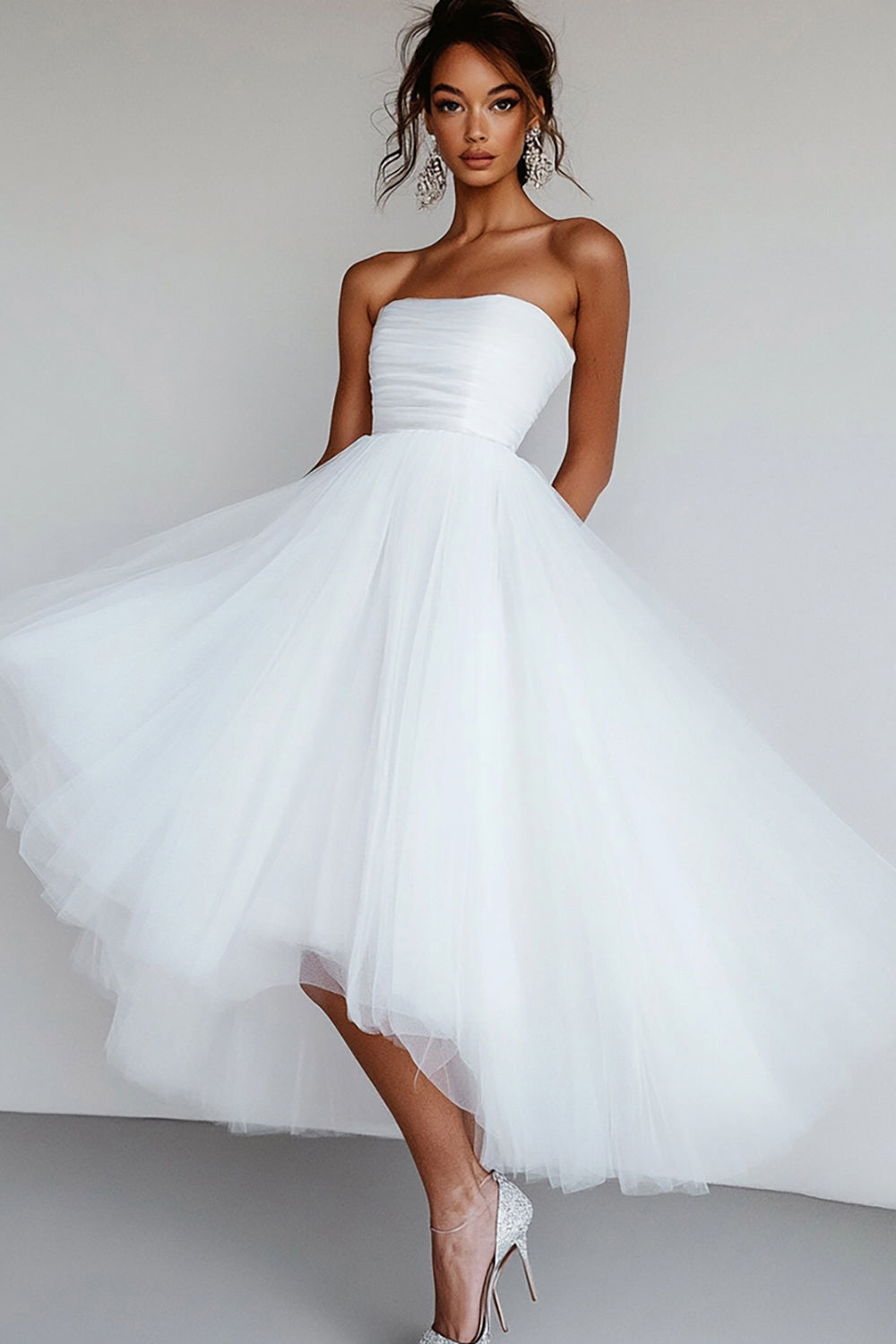 Leely Women White Tulle Tea-Length Engagement Dress Ruched Strapless A Line Rehearsal Dinner Dress