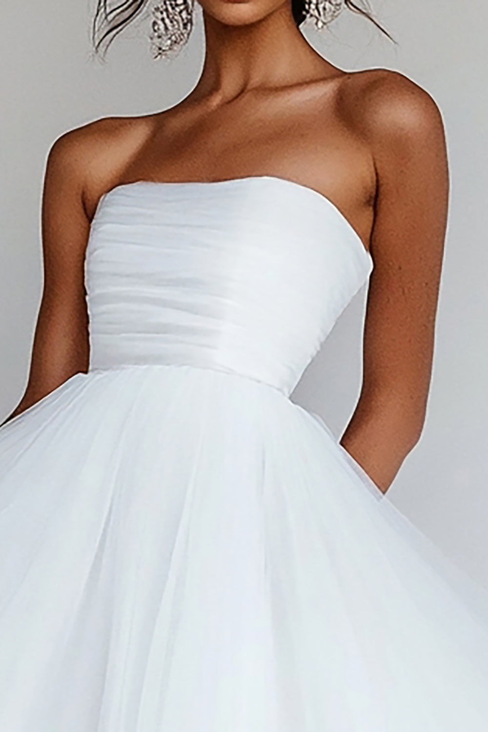 White Tulle Strapless Tea-Length A Line Engagement Dress