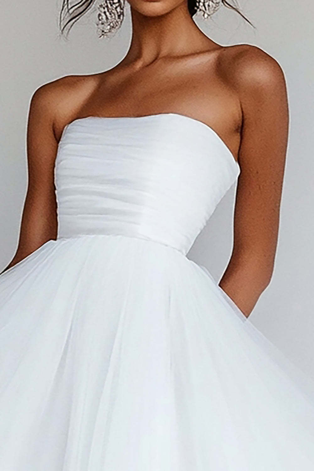 White Tulle Strapless Tea-Length A Line Engagement Dress