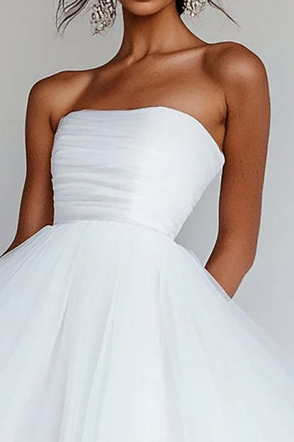 White Tulle Strapless Tea-Length A Line Engagement Dress