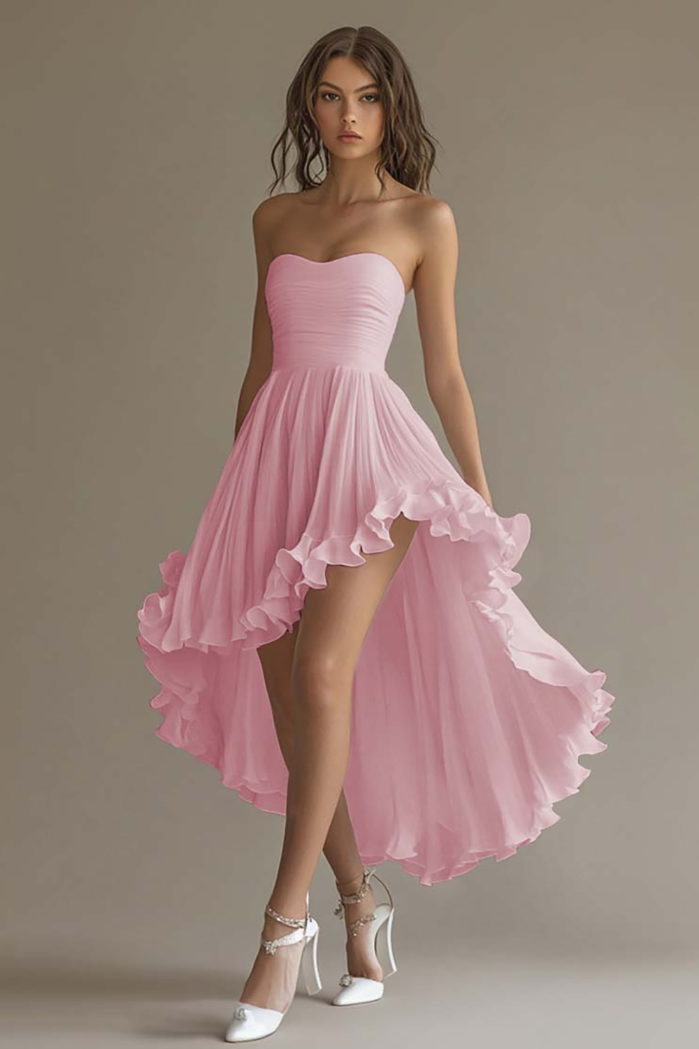 White Sweetheart High-Low Chiffon Engagement Dress with Ruffles