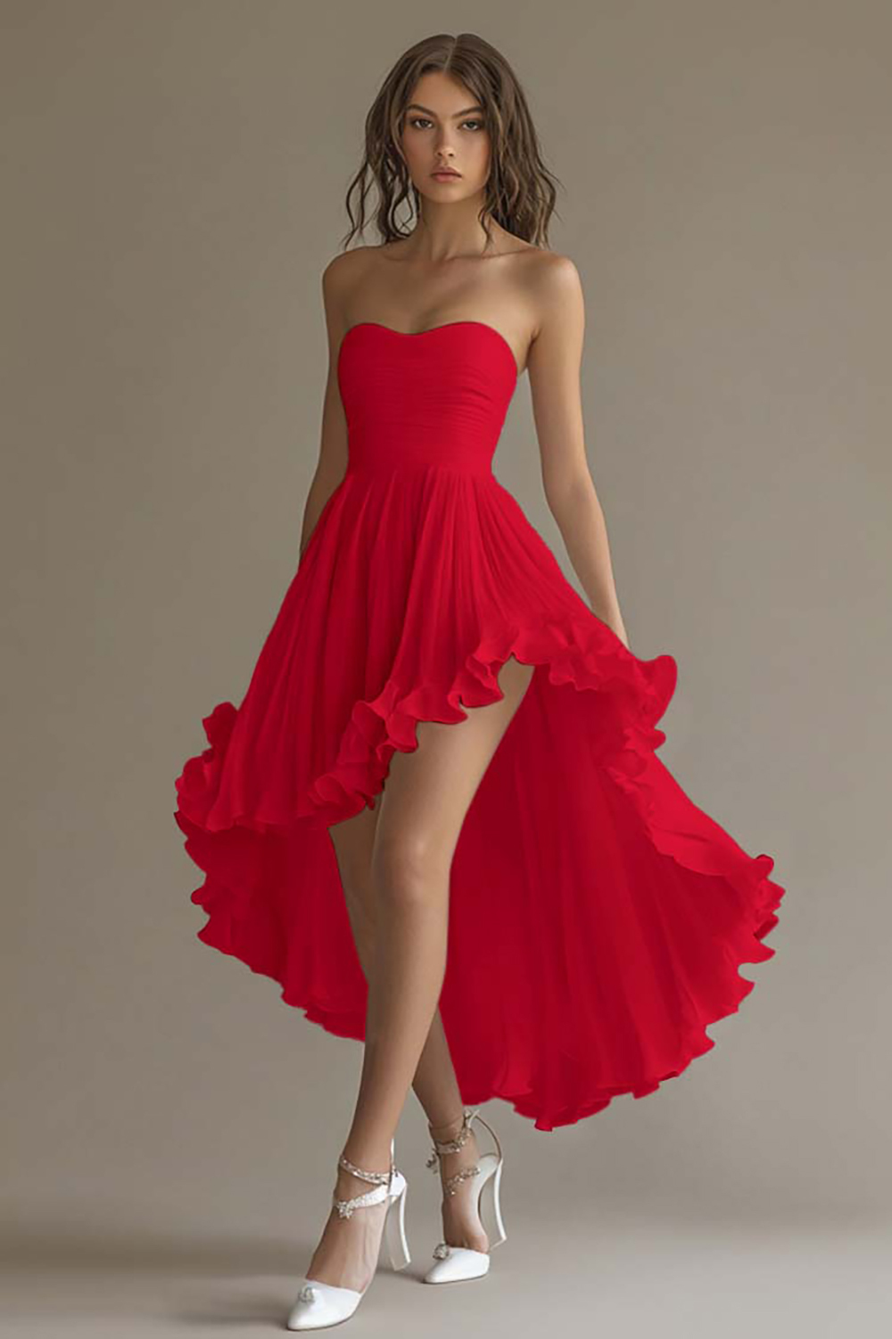 Leely Women White Chiffon High-Low Engagement Dress with Ruffles Sweetheart Ruched A Line Rehearsal Dinner Dress