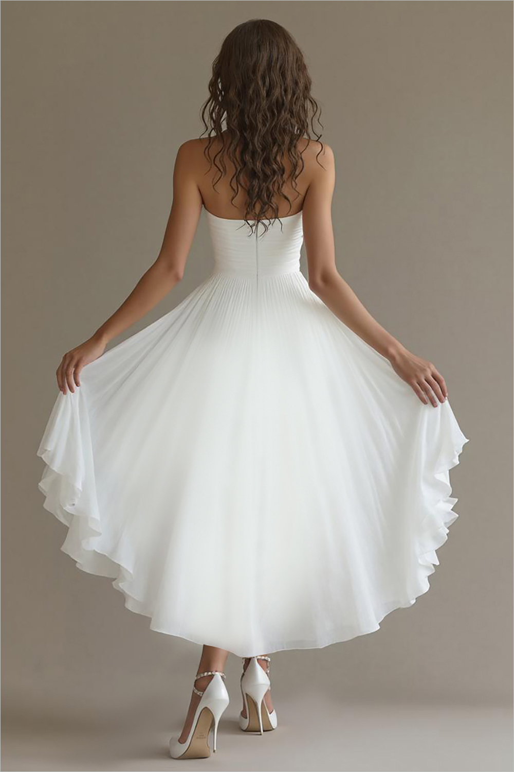 White Sweetheart High-Low Chiffon Engagement Dress with Ruffles