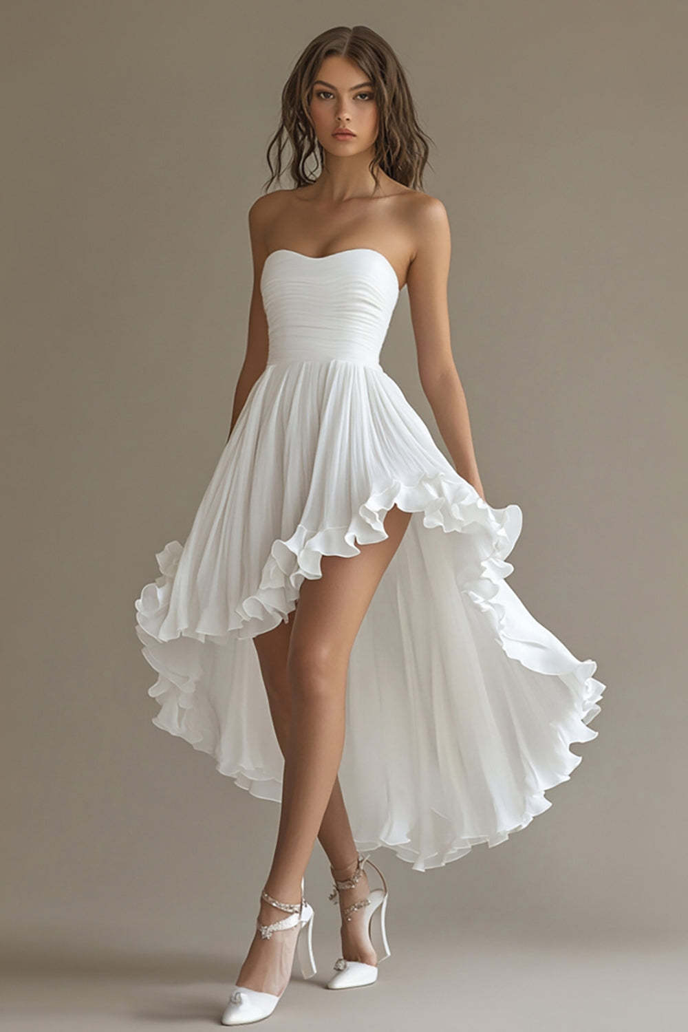 White Sweetheart High-Low Chiffon Engagement Dress with Ruffles