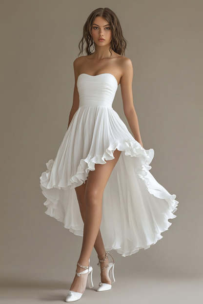 White Sweetheart High-Low Chiffon Engagement Dress with Ruffles