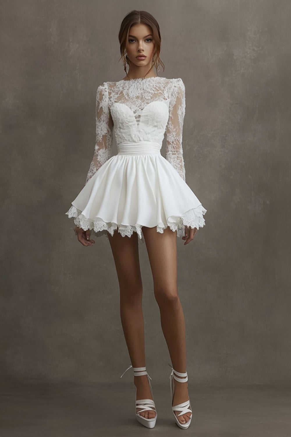 White Satin Bateau Neck Long Sleeves Mini Graduation Dress with Lace