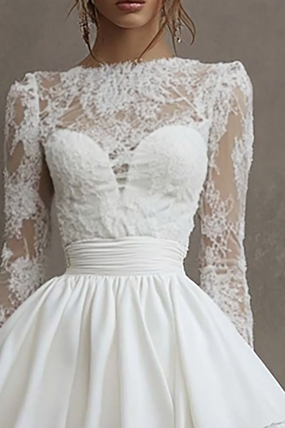 White Satin Bateau Neck Long Sleeves Mini Graduation Dress with Lace
