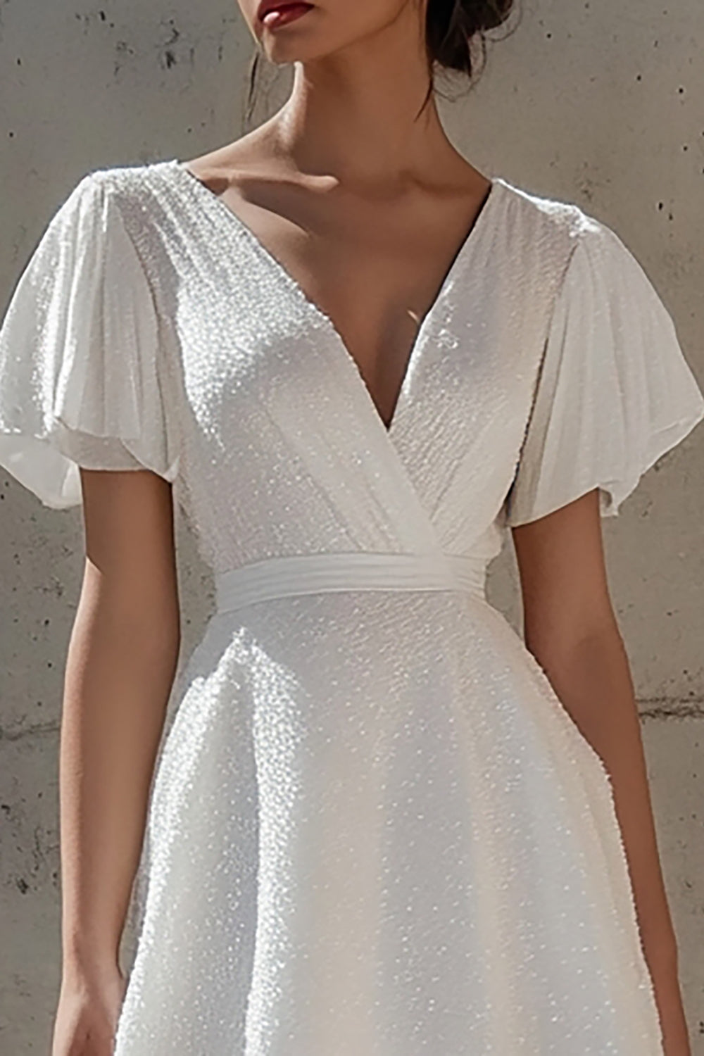 Sparkly White Short Sleeves V-Neck Short Graduation Dress