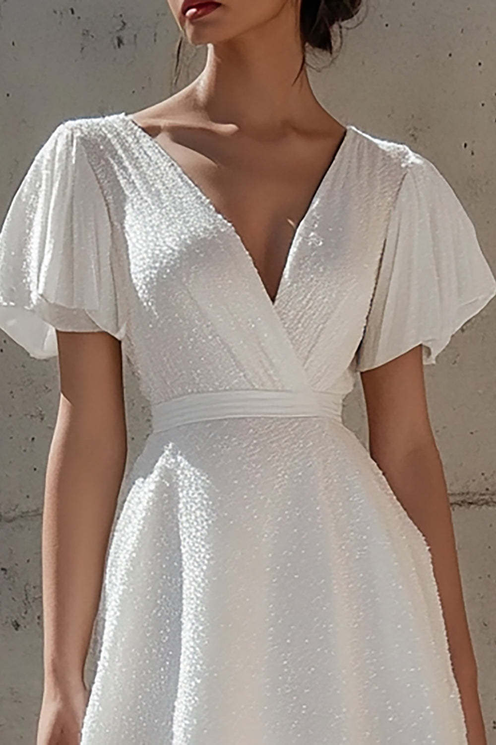 Sparkly White Short Sleeves V-Neck Short Graduation Dress