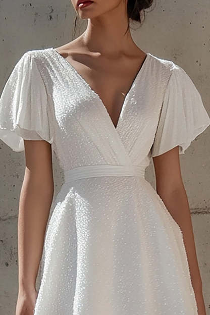 Sparkly White Short Sleeves V-Neck Short Graduation Dress