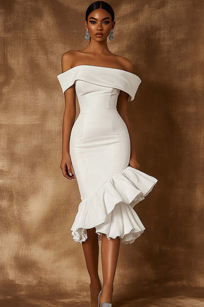 Leely Women White Satin Midi Engagement Dress with Ruffles Off the Shoulder Mermaid Rehearsal Dinner Dress