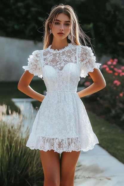 Leely Women White Lace Mini Graduation Dress Round Neck Short Sleeves A Line Little White Dress
