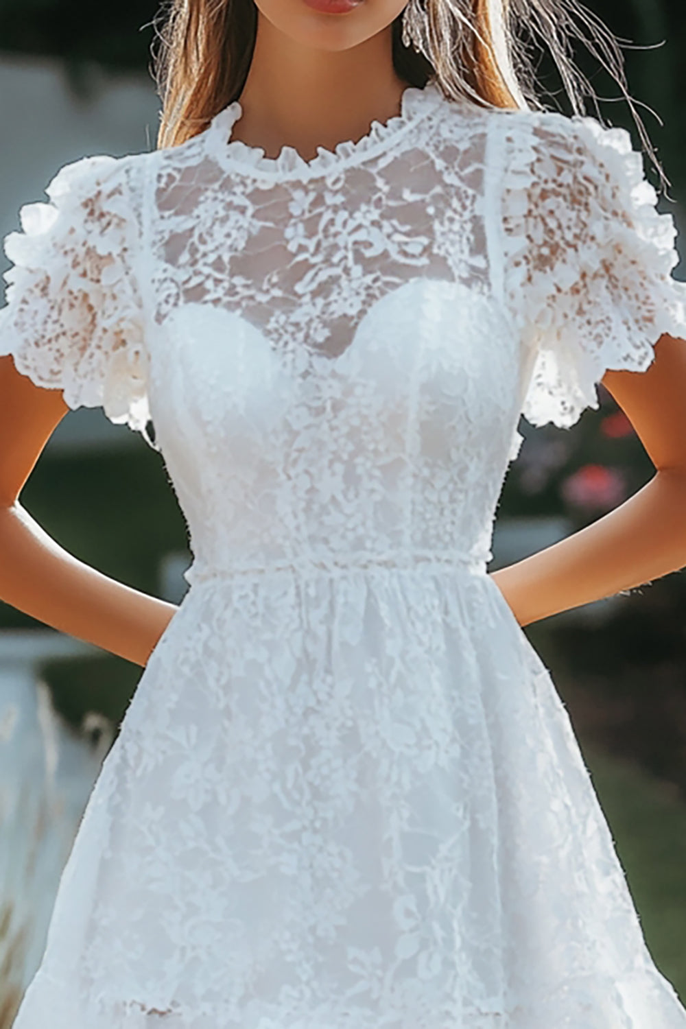 White Lace A Line Short Sleeves Mini Graduation Dress