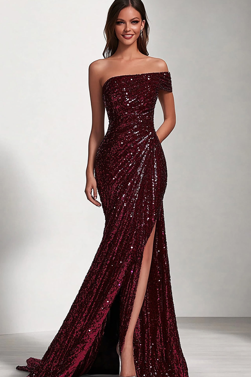 Leely Women Sparkly Burgundy Sequin Maxi Prom Dress with Slit One Shoulder Mermaid Evening Dress
