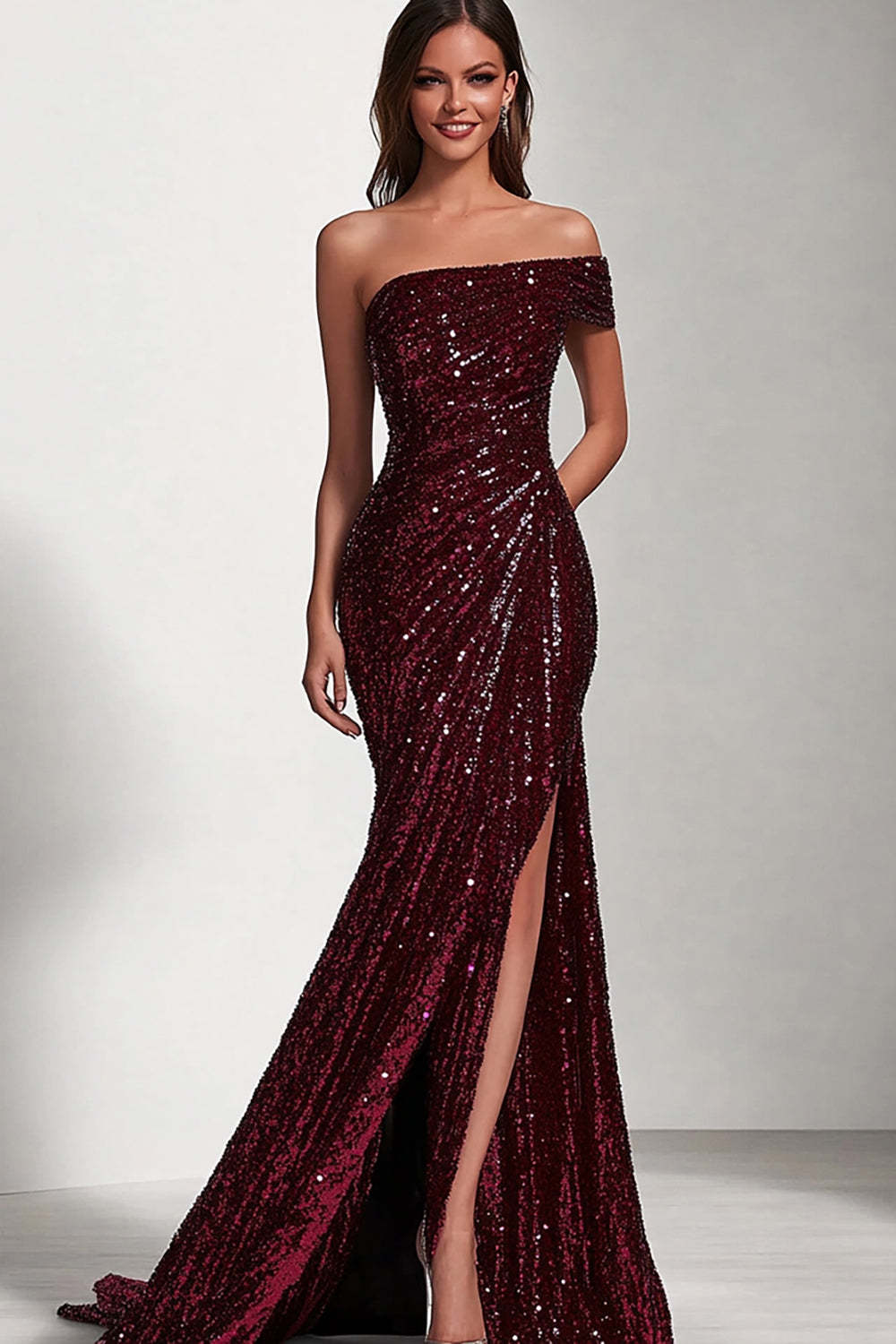 Leely Women Sparkly Burgundy Sequin Maxi Prom Dress with Slit One Shoulder Mermaid Evening Dress
