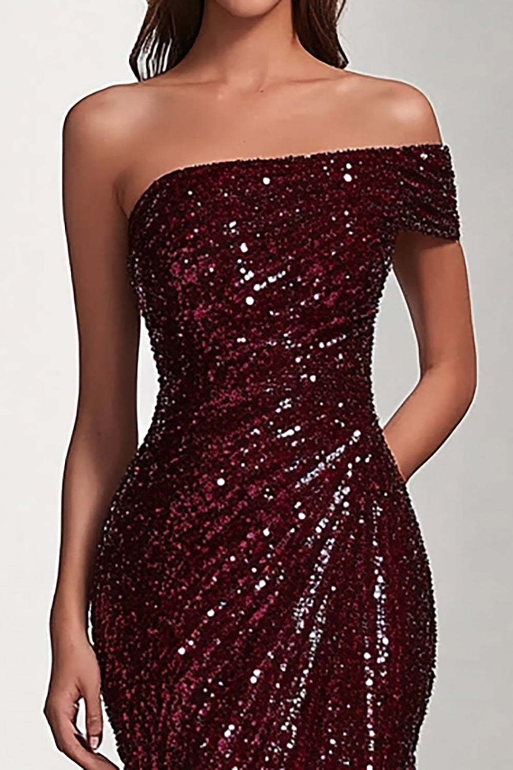 Sparkly Burgundy Sequin One Shoulder Maxi Prom Dress with Slit