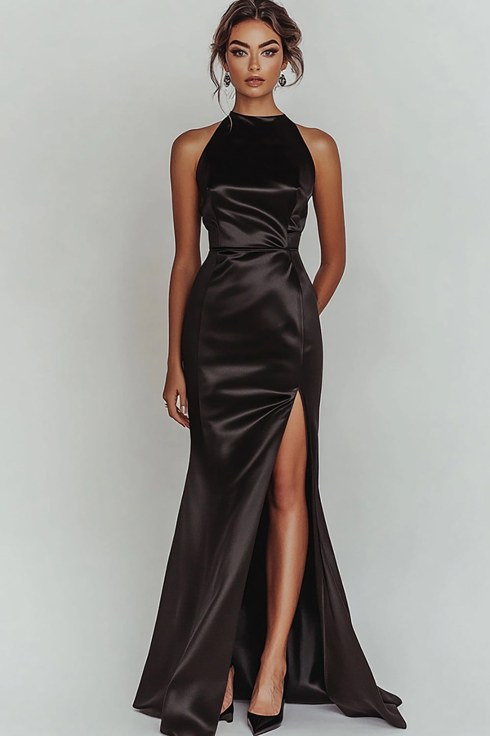 Black High Neck Mermaid Satin Maxi Prom Dress with Slit