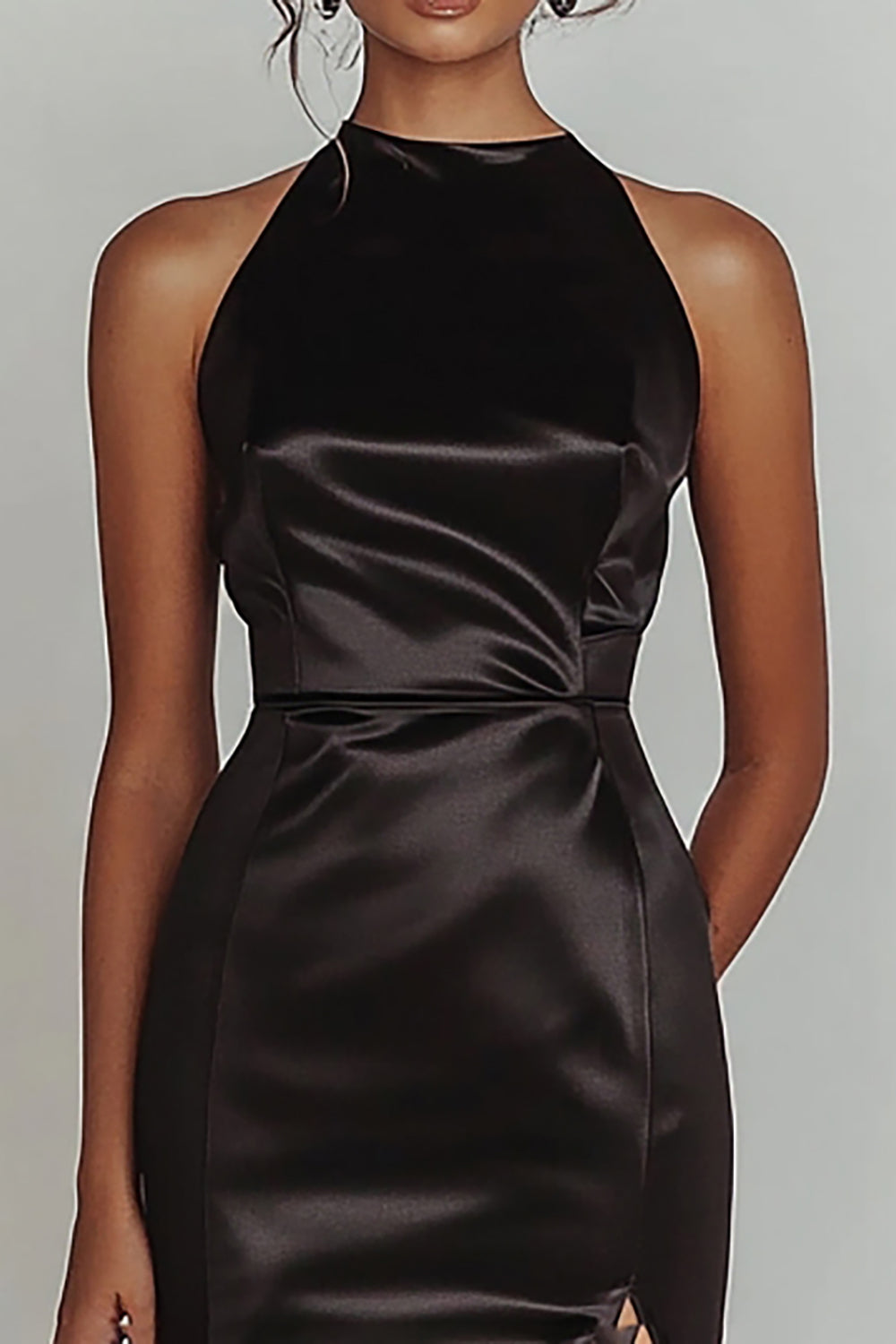 Black High Neck Mermaid Satin Maxi Prom Dress with Slit