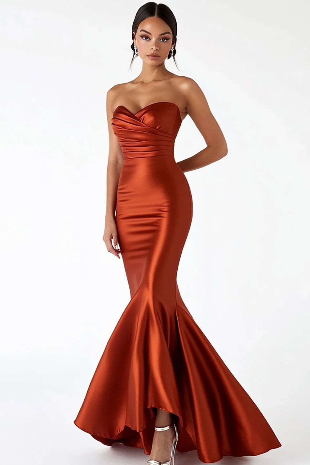 Rust Satin Sweetheart Ruched Mermaid Long Prom Dress