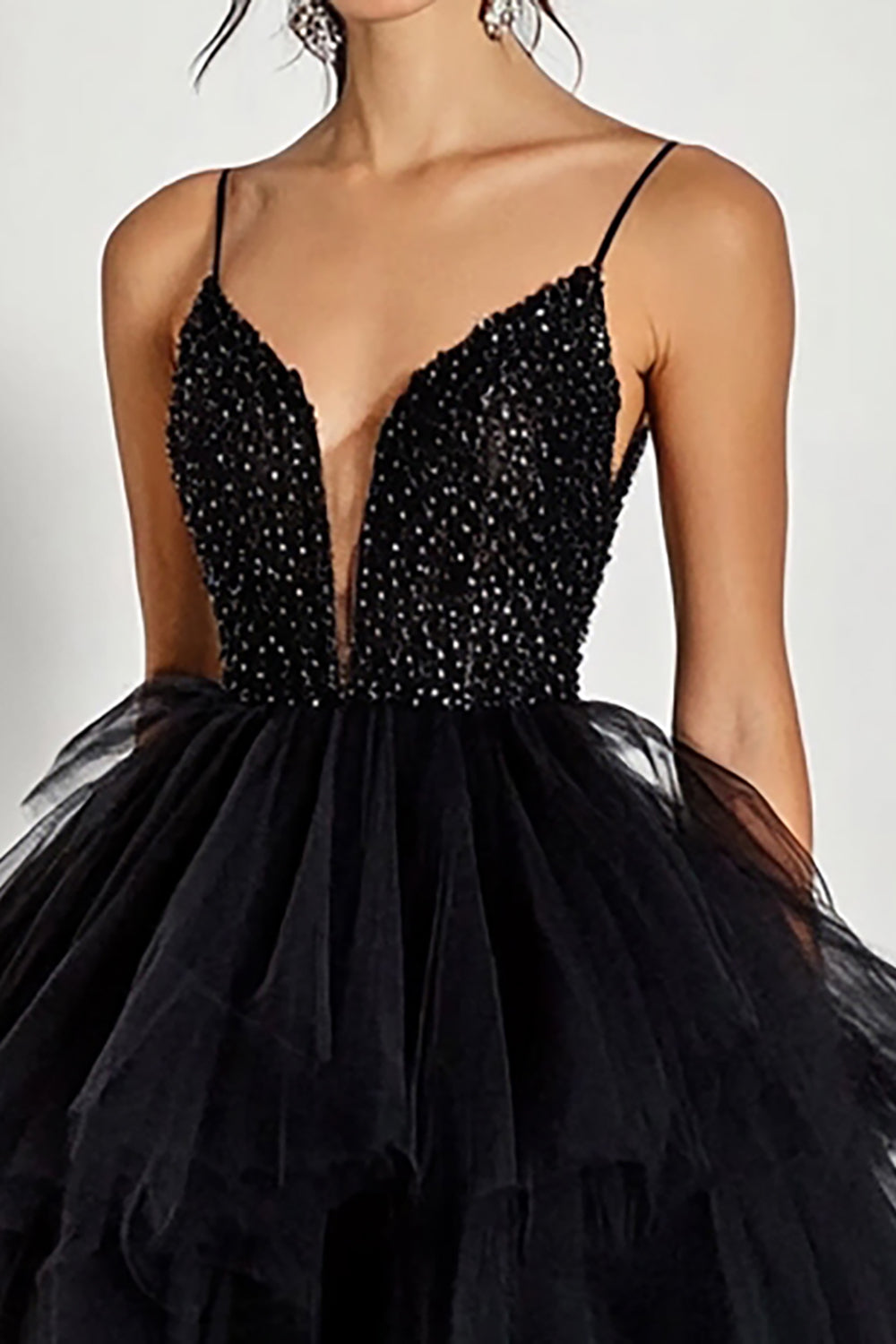 Sparkly Black Beaded Tulle Ball Gown Maxi Prom Dress with Ruffles