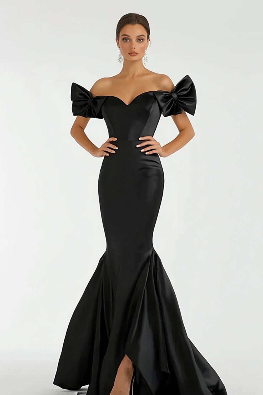 Black Off the Shoulder Mermaid Maxi Prom Dress with Bows