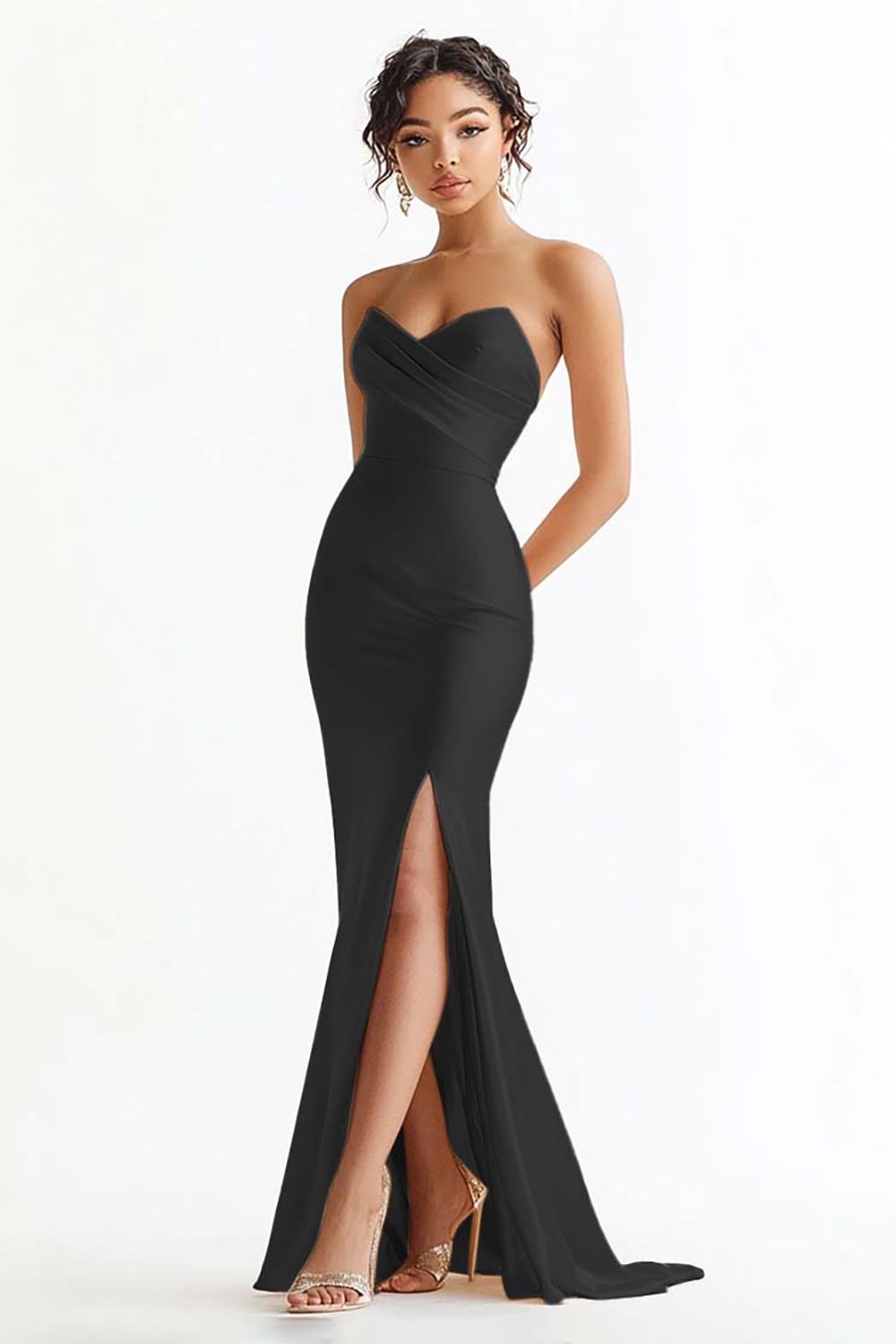 Champagne Strapless Mermaid Maxi Prom Dress with Slit