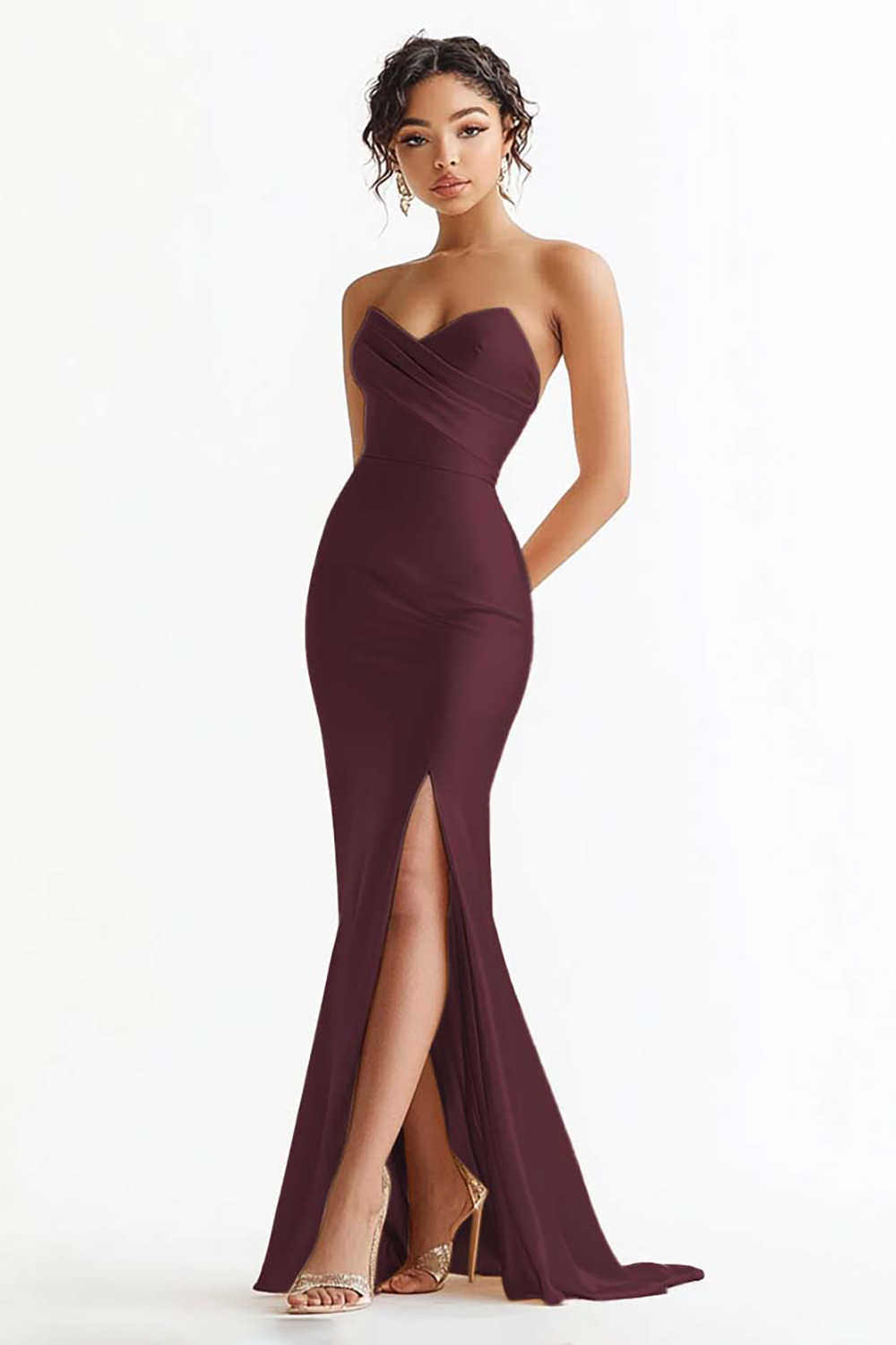 Champagne Strapless Mermaid Maxi Prom Dress with Slit