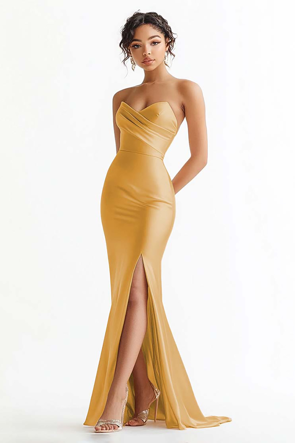 Champagne Strapless Mermaid Maxi Prom Dress with Slit