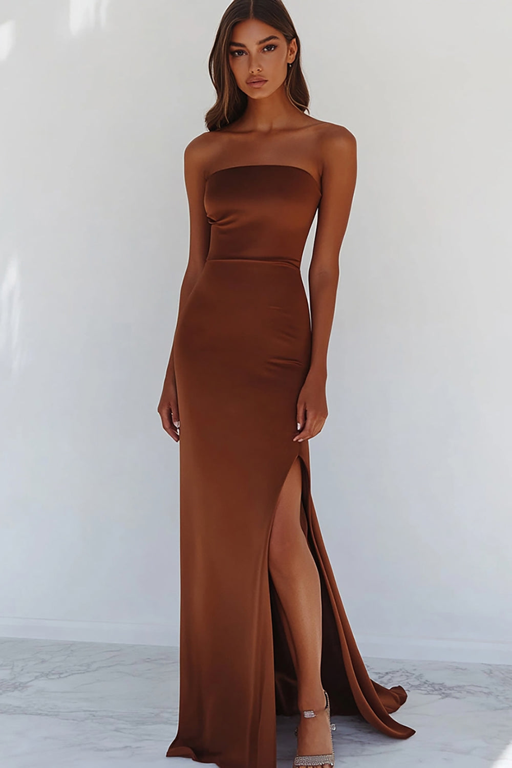 Terracotta Strapless Maxi Prom Dress with Slit
