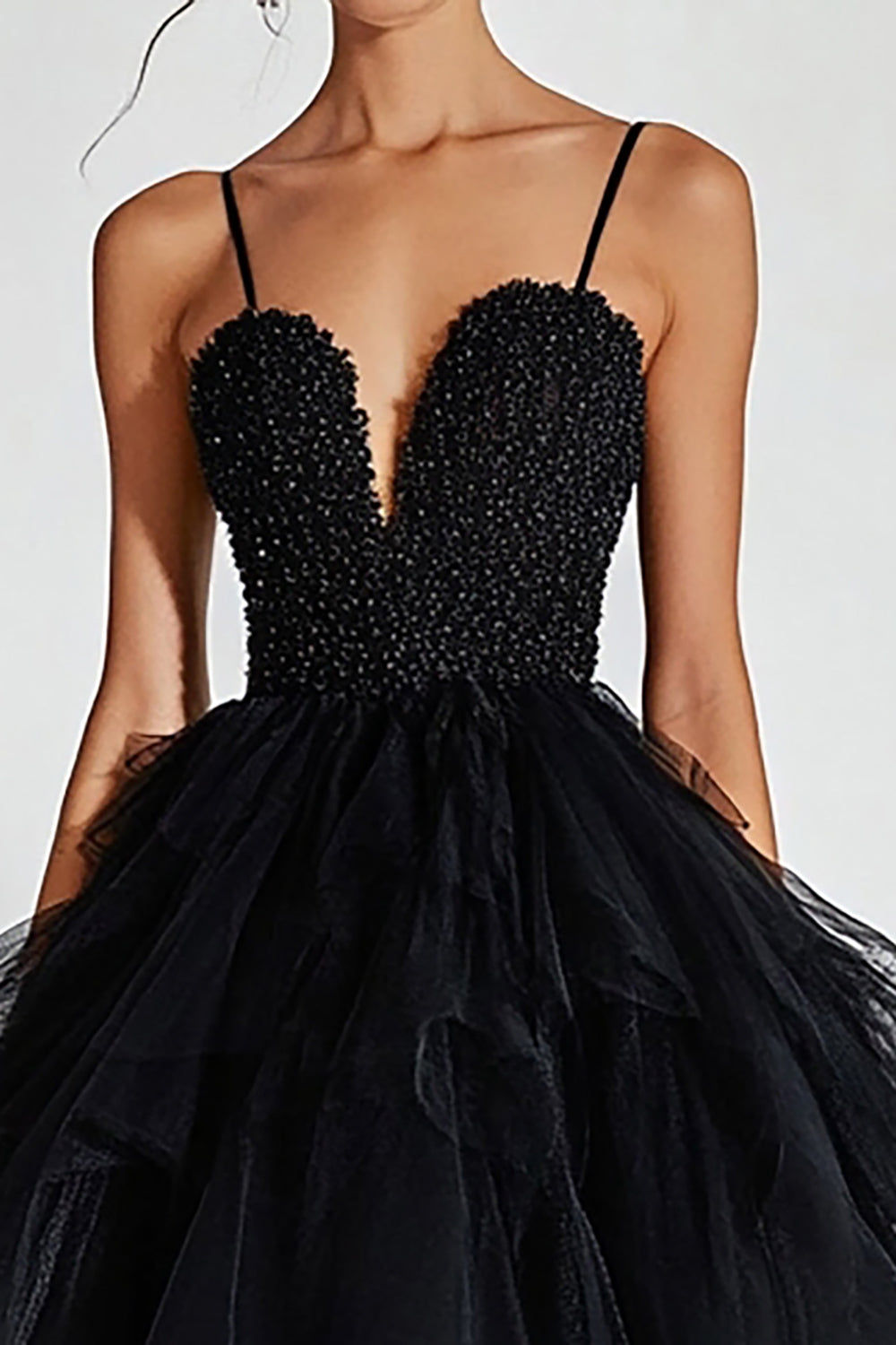 Black Tulle Tiered Ball Gown Maxi Prom Dress with Ruffles