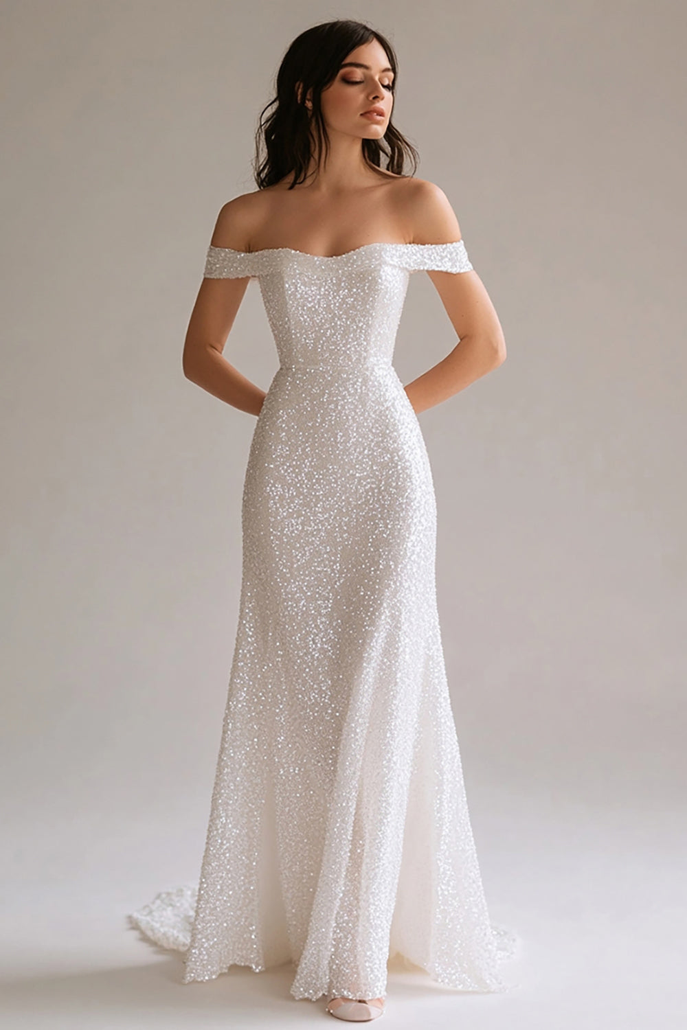 Sparkly White A Line Off the Shoulder Maxi Prom Dress