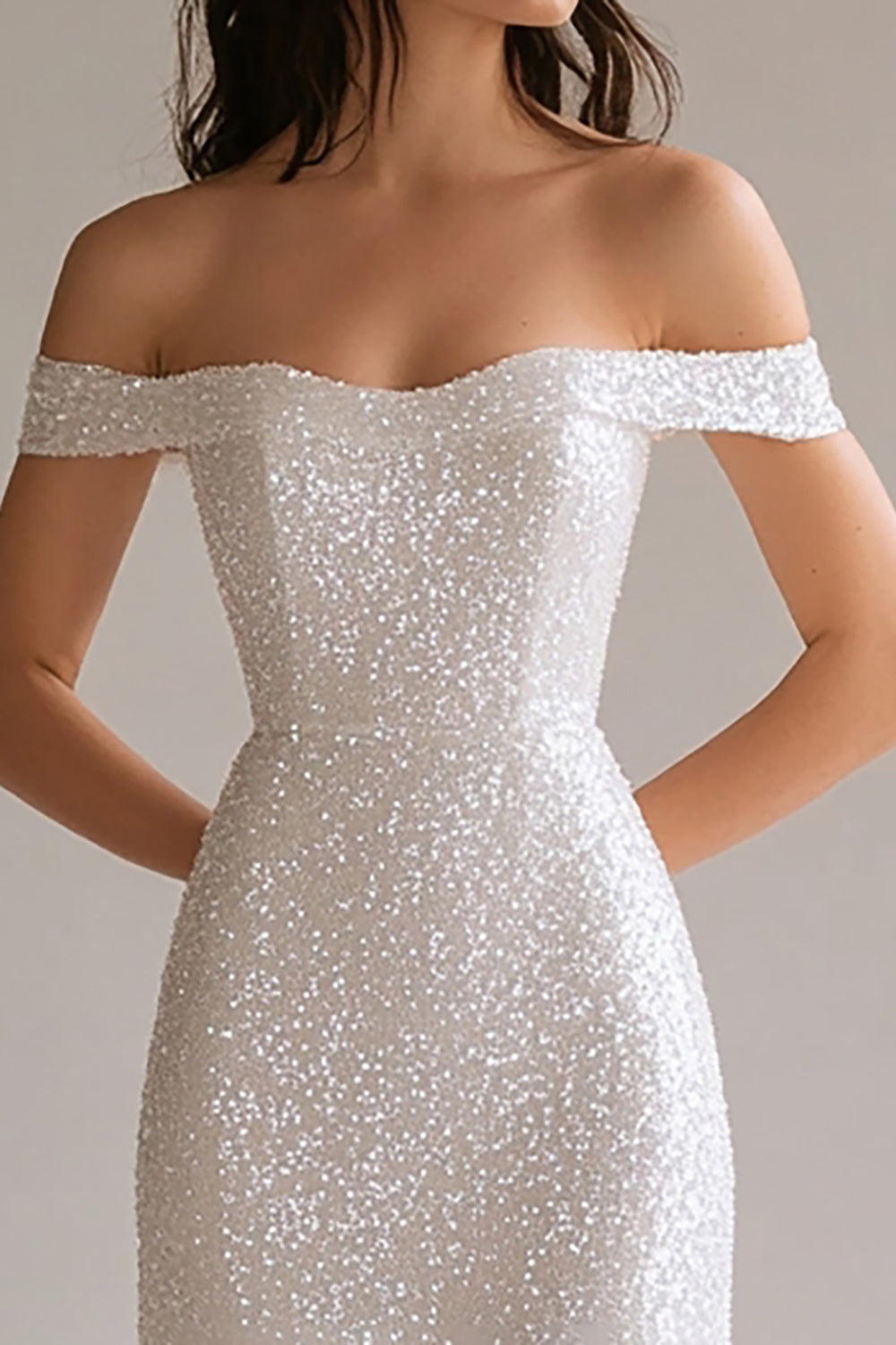 Sparkly White A Line Off the Shoulder Maxi Prom Dress