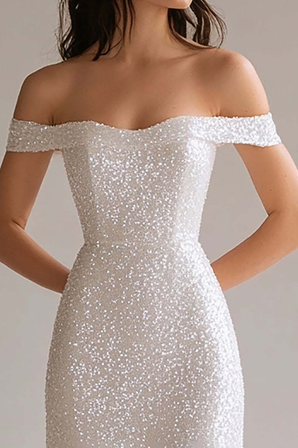 Sparkly White A Line Off the Shoulder Maxi Prom Dress