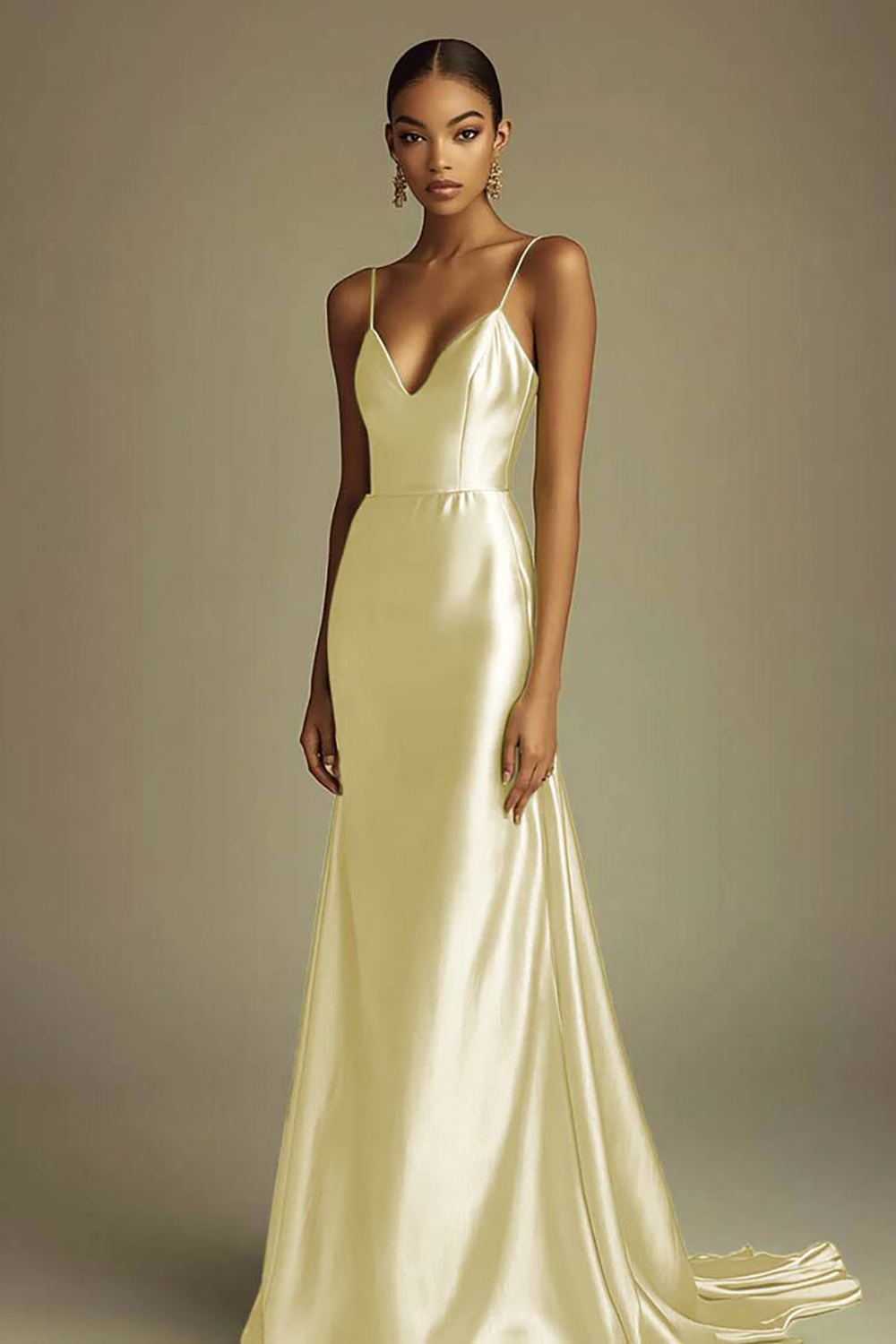 Lemon Green Satin Spaghetti Straps Maxi Prom Dress