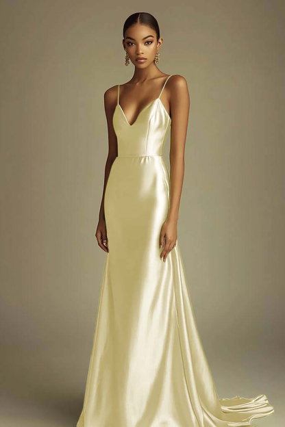 Lemon Green Satin Spaghetti Straps Maxi Prom Dress
