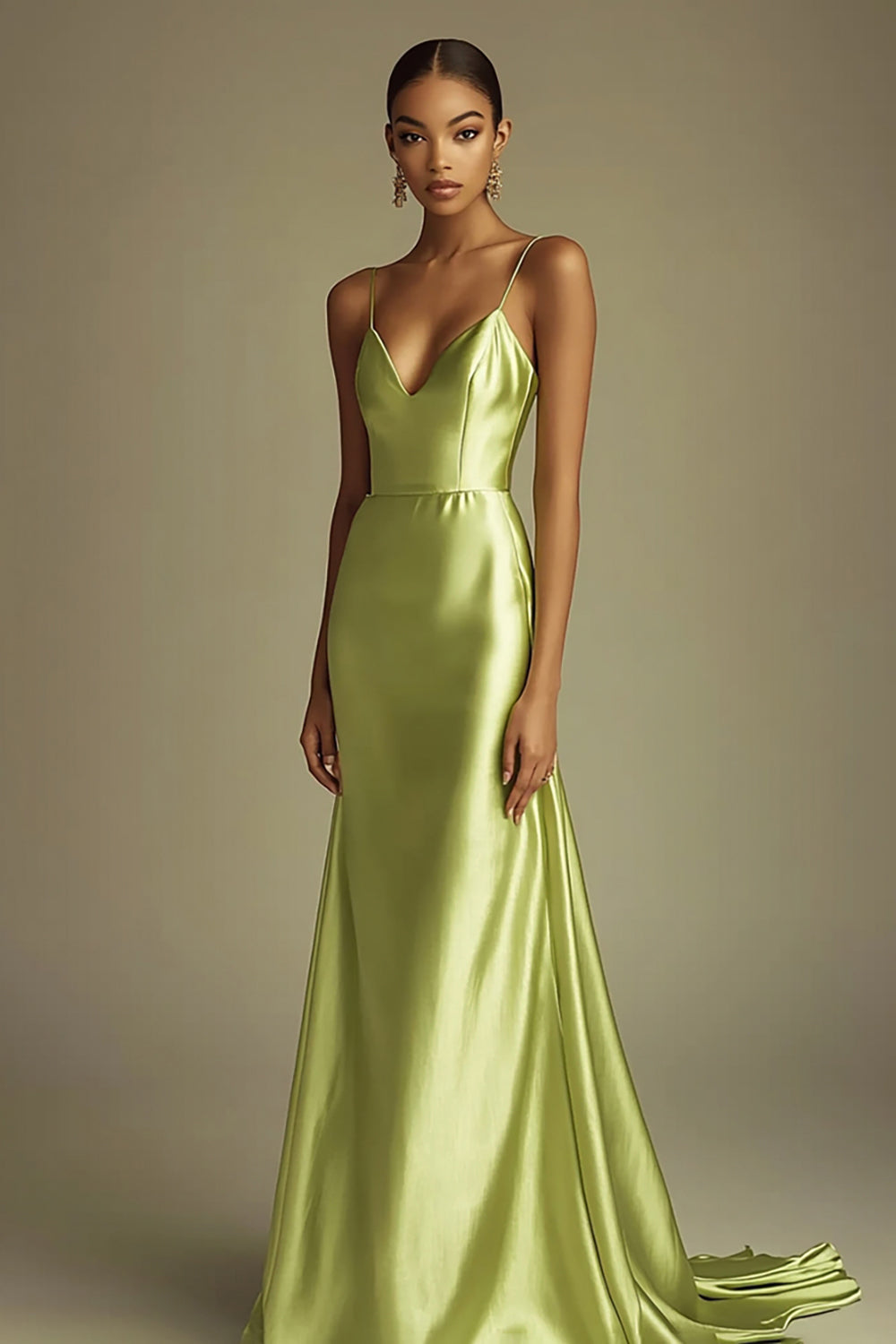 Leely Women Lemon Green Satin Maxi Prom Dress Sheath Spaghetti Straps Formal Dress